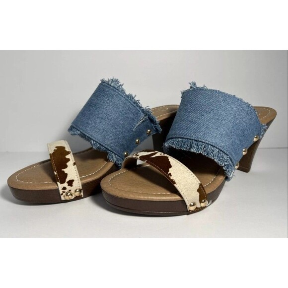 Comfort Est. 1946 Women's Sandals  Blue Denim Cow Print 9M Heels Open Mules NEW - Picture 1 of 7